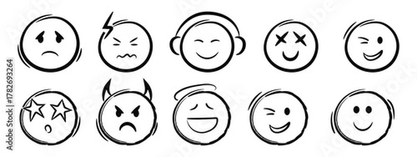 Fototapeta Hand drawn doodle emoticons set. Chalk or marker style faces with various expressions isolated on transparent  Marker style faces with various expressions isolated on white background 