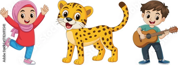 Obraz Cartoon girl in hijab, boy playing guitar, smiling leopard, joyful children, animal character, white background, educational kids illustration