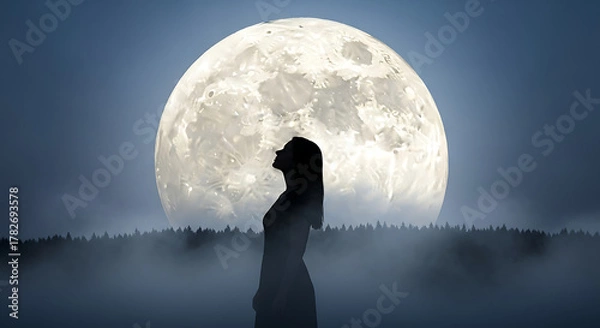 Fototapeta Woman gazes at majestic full moon over misty forest, evoking wonder and dreams.