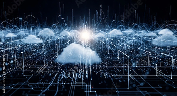 Fototapeta Futuristic digital cloud network with glowing data streams and luminous particles connecting information