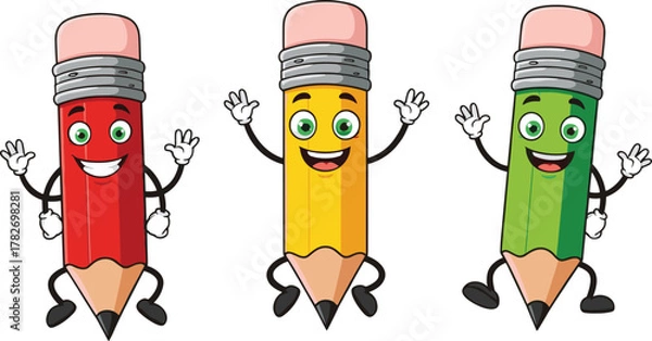 Obraz Cartoon pencils with smiling faces, colorful vector illustration, flat design, educational concept, funny anthropomorphic school supplies drawing for children learning materials