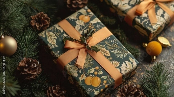 Fototapeta Festive christmas gift wrapped in holly and pine pattern with oranges