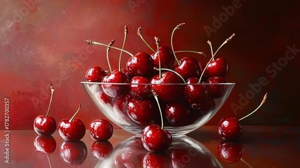 Obraz Fresh cherries in glass bowl, ripe red fruit with stems, reflecting on surface