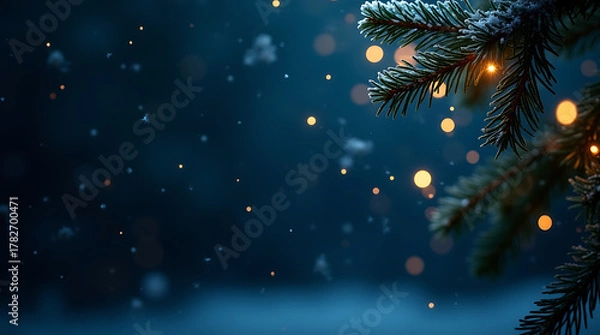 Fototapeta Close up of snowy pine branch with bokeh lights in winter night