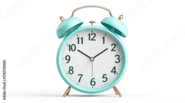 Fototapeta Retro alarm clock, teal color, on white background, studio shot