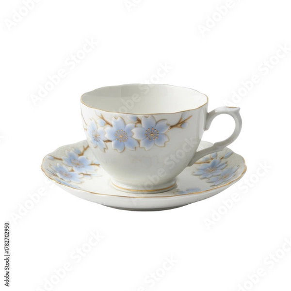 Fototapeta Elegant porcelain teacup and saucer adorned with delicate blue floral design on solid background