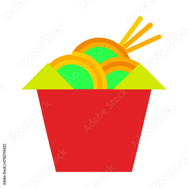 Obraz Stylized illustration of noodles in a red container with chopsticks