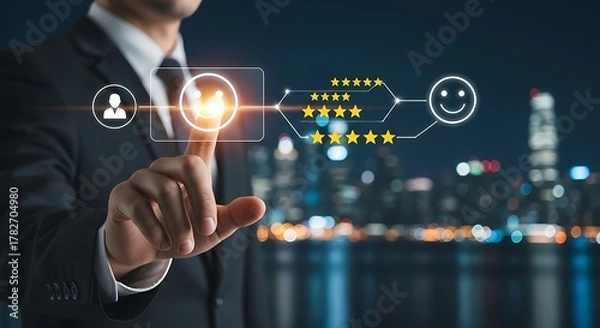 Fototapeta Businessman interacting with a digital interface for customer satisfaction rating