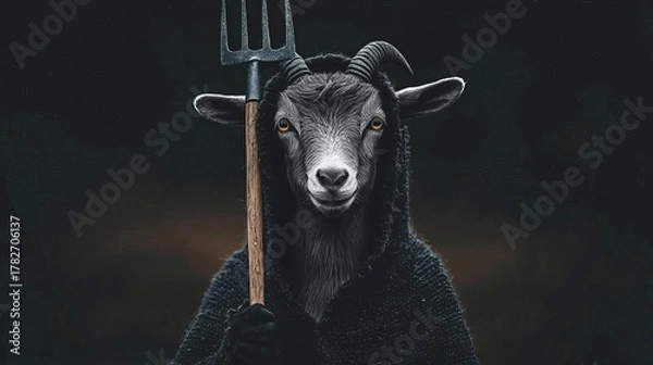 Obraz Mysterious goat wearing hoodie holds pitchfork, dramatic lighting