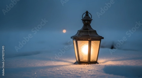Fototapeta Old lantern lighting snow on the ground at dusk, surrounded by soft fog.