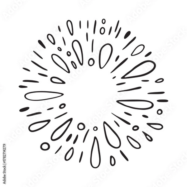 Fototapeta Hand-drawn burst, firework or water splash circle design. Abstract circular burst or splash made of hand-drawn teardrop and line shapes, perfect for labels, logos, or decoration