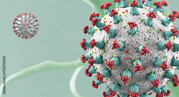 Fototapeta Microscopic view of a novel coronavirus pathogen, a detailed 3D rendering of the viral cell structure responsible for infectious disease