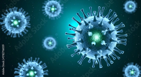 Fototapeta Microscopic view of pathogenic viral cells with glowing cores, representing a contagious disease or global pandemic