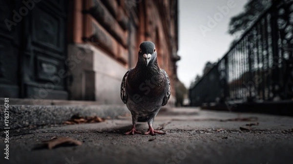 Fototapeta A close-up of a gray pigeon standing on a city sidewalk.