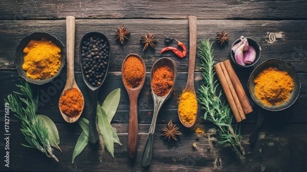 Fototapeta A variety of spices arranged on wooden spoons and bowls. Includes turmeric, cinnamon, black pepper, and herbs.