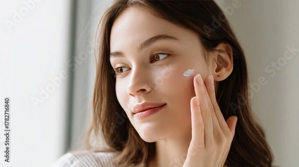 Fototapeta Young Caucasian woman applying cream to her face in a bright indoor setting.