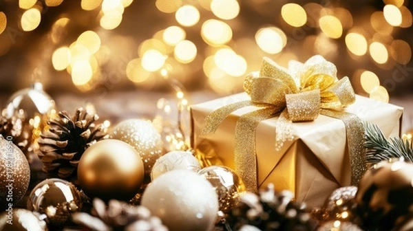 Fototapeta A beautifully wrapped gift box with a golden ribbon sits among shiny ornaments and pine cones
