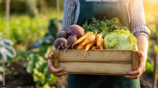 Fototapeta A person holds a wooden crate filled with fresh vegetables, including carrots, beets, and lettuce