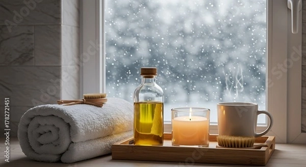 Obraz Cozy spa retreat ambiance with warm candle glow, steaming mug, and soothing massage oil overlooking gentle snowfall outside a window
