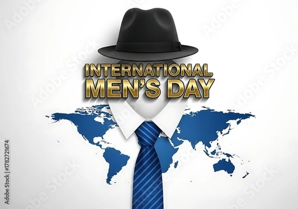 Fototapeta International mens day celebration with a man in a hat and tie, superimposed on a world map, isolated on white background