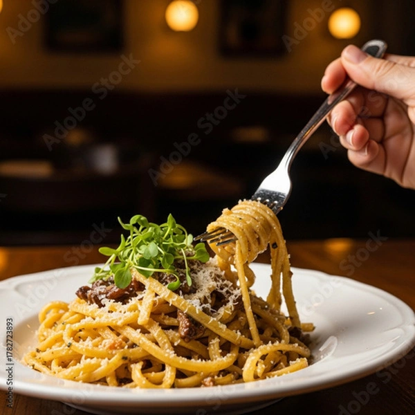 Fototapeta Closeup of a hand holding a fork with spaghetti carbonara, garnished with fresh herbs and parmesan cheese