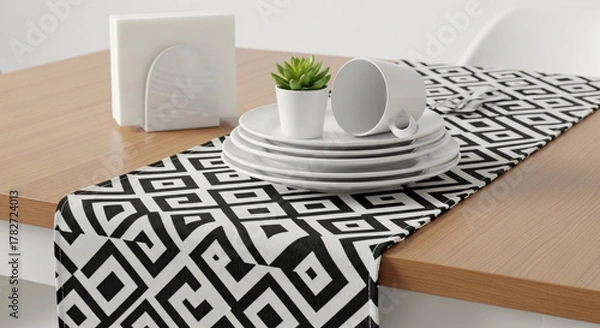 Fototapeta Elegant table setting with black and white runner, plates, cup, plant, and napkins on wooden table