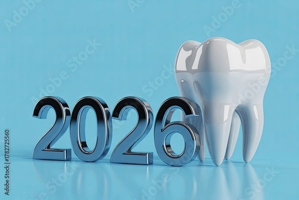 Fototapeta Medical healthcare 2026 concept with 3D tooth model and new year numbers on blue background