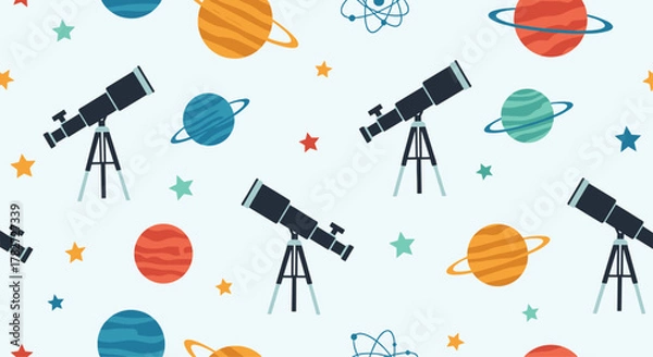 Obraz A seamless pattern of telescopes, planets, stars, and an atom symbol on a light blue background, representing astronomy and science.