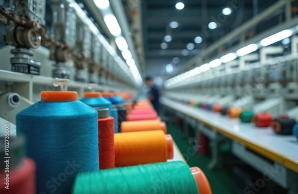 Fototapeta Colorful thread spools arranged on a conveyor belt in a textile factory. A worker operates an automatic embroidery machine in the background, involved in textile production.
