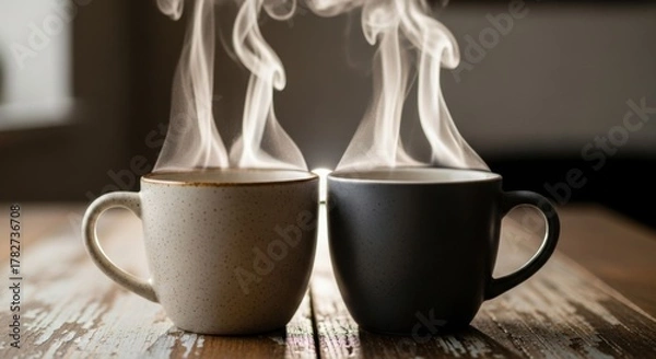 Fototapeta Two steaming mugs of hot beverage sitting on a wooden surface with a blurred background behind them