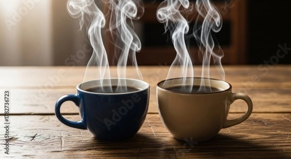 Fototapeta Two steaming cups of coffee on a wooden table creating a warm and inviting atmosphere indoors