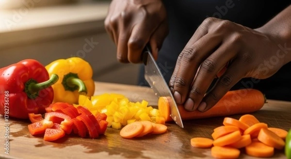 Fototapeta Person cutting carrots and bell peppers on a wooden cutting board in a kitchen environment setting