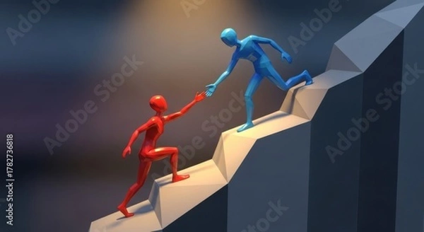 Fototapeta A blue figure helping a red figure climb a polygonal staircase in a stylized illustration