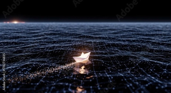 Fototapeta Paper boat sailing on a digital ocean with a dark sky and a distant light on the horizon at night