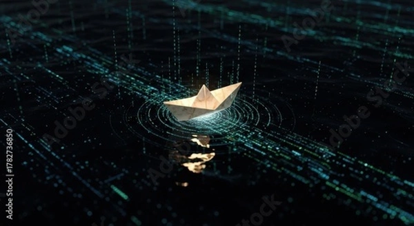 Fototapeta Paper boat floating on digital water with ripples and glowing lines in a dark environment