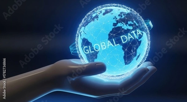 Fototapeta A hand holding a glowing blue globe with the words global data written across the surface of it