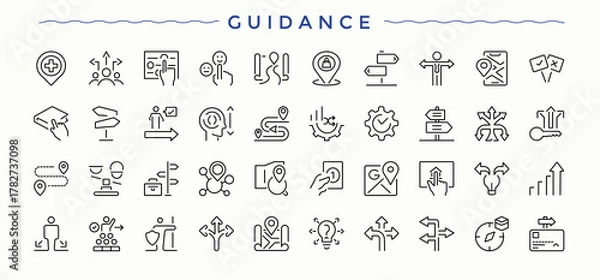 Fototapeta Guidance vector line icon set. Featuring collaboration, strategy, team, work, teamwork, leadership and more. Management modern icon set. Icons for UI designs. Editable vector stroke.