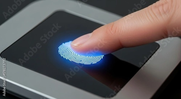 Fototapeta Finger pressing on a fingerprint scanner with a blue glowing fingerprint design on the screen