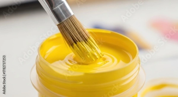 Fototapeta Close up of a paintbrush dipped into a jar of bright yellow paint ready for an art project use