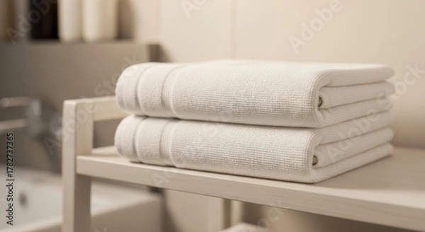Fototapeta Two neatly folded white towels stacked on a shelf in a bathroom setting with neutral tones visible