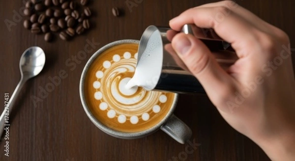 Fototapeta Pouring milk into coffee cup creating latte art with beans and spoon on wooden surface view from above