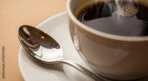 Fototapeta Close up of a cup of dark coffee with steam and a silver spoon on a white saucer on a beige surface
