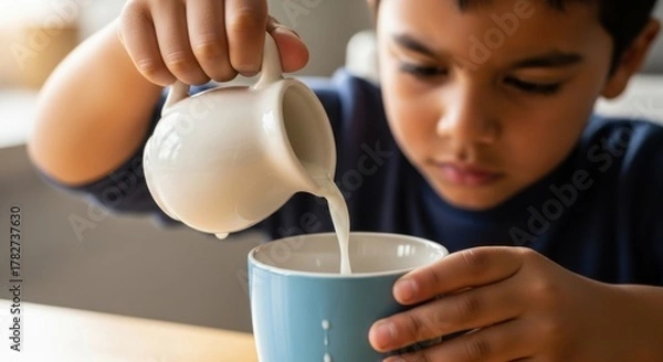 Fototapeta A young boy carefully pouring fresh milk from a small white pitcher into a blue ceramic mug at the table