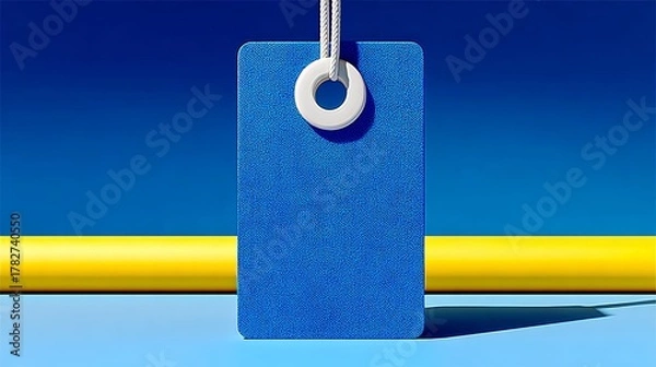 Fototapeta Blue tag with a white circle in the middle. The tag is hanging from a string