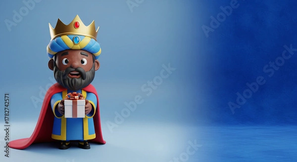 Fototapeta Epiphany Sale Concept with a Wise Man Holding a Gift on a Blue Background. Ideal for Christmas and holiday promotions.
