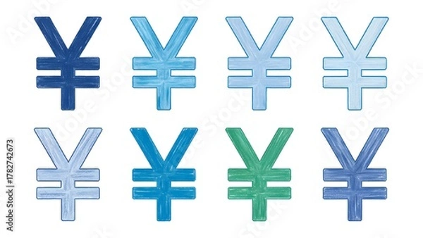 Fototapeta Yen currency symbols in various shades of blue and green against a clean white backdrop for finance marketing or global business presentations and accounting solutions