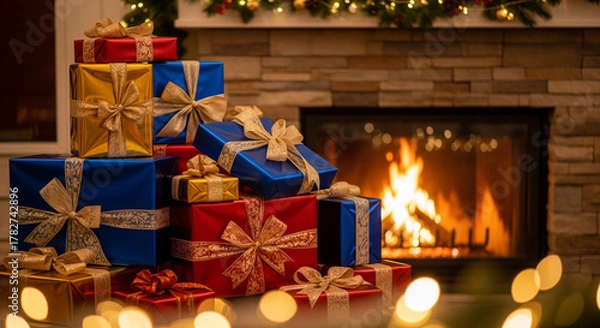 Fototapeta Stack of Wrapped Christmas Gifts in Front of a Cozy Fireplace. A festive and warm holiday home scene.