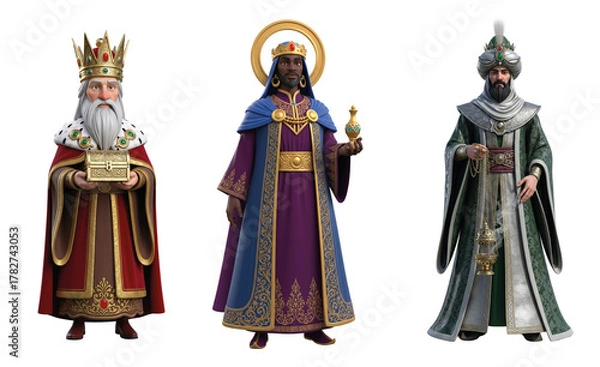 Fototapeta Detailed 3D Render of the Three Kings (Reyes Magos). A realistic illustration of the Wise Men for Christmas.