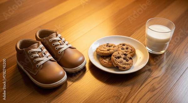 Fototapeta Shoes with Milk and Cookies, representing the Epiphany tradition for the Three Kings (Reyes magos). A conceptual image.