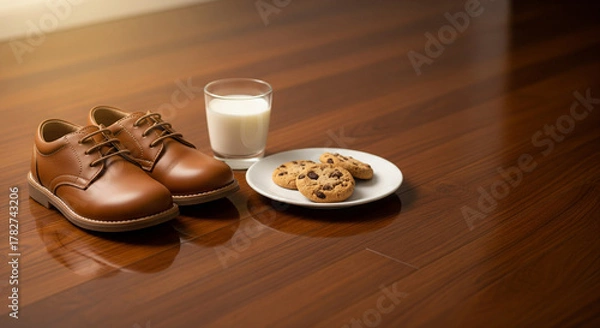 Fototapeta Three Kings (Reyes Magos) Tradition Concept: Shoes, milk, and cookies left out for gifts on Epiphany eve.